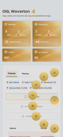 Tela mobile do Ecotrainer com resumo de alunos, protocolos e rotina do personal trainer