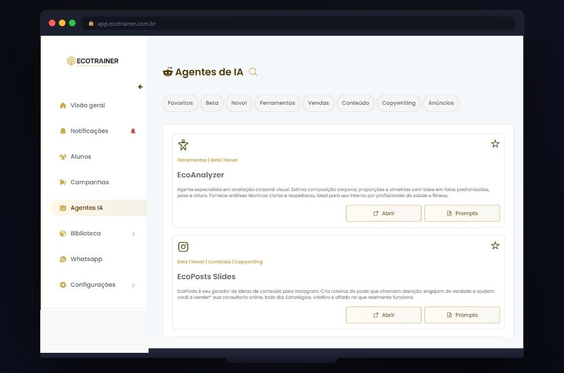 Agentes de IA do Ecotrainer gerando conteúdo e automatizando tarefas