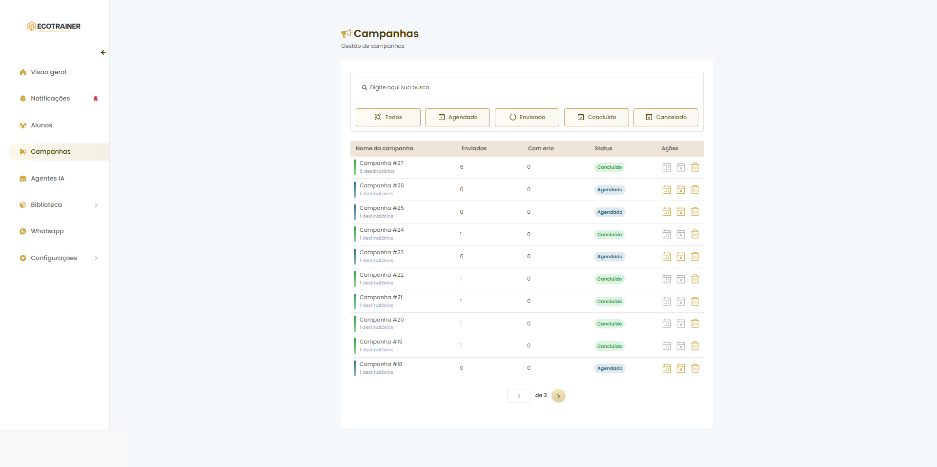 Menu de campanhas do Ecotrainer para acompanhamento ativo dos alunos
